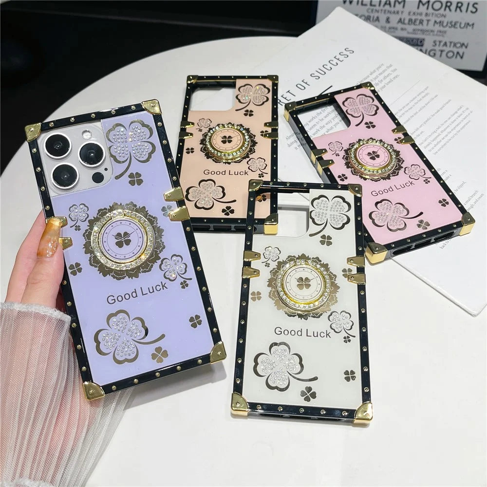 For iPhone 16 Pro Case with Kickstand Four Leaf Clover Pattern Electroplating TPU + PC Phone Cover - Purple - 6