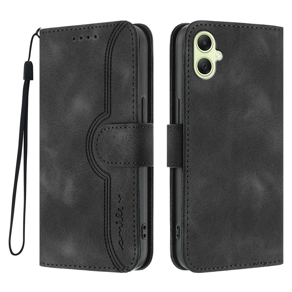 For Samsung Galaxy A06 5G / Galaxy A06 4G Leather Case Wallet Stand Smile Imprinted Phone Cover with Strap - Black - 1