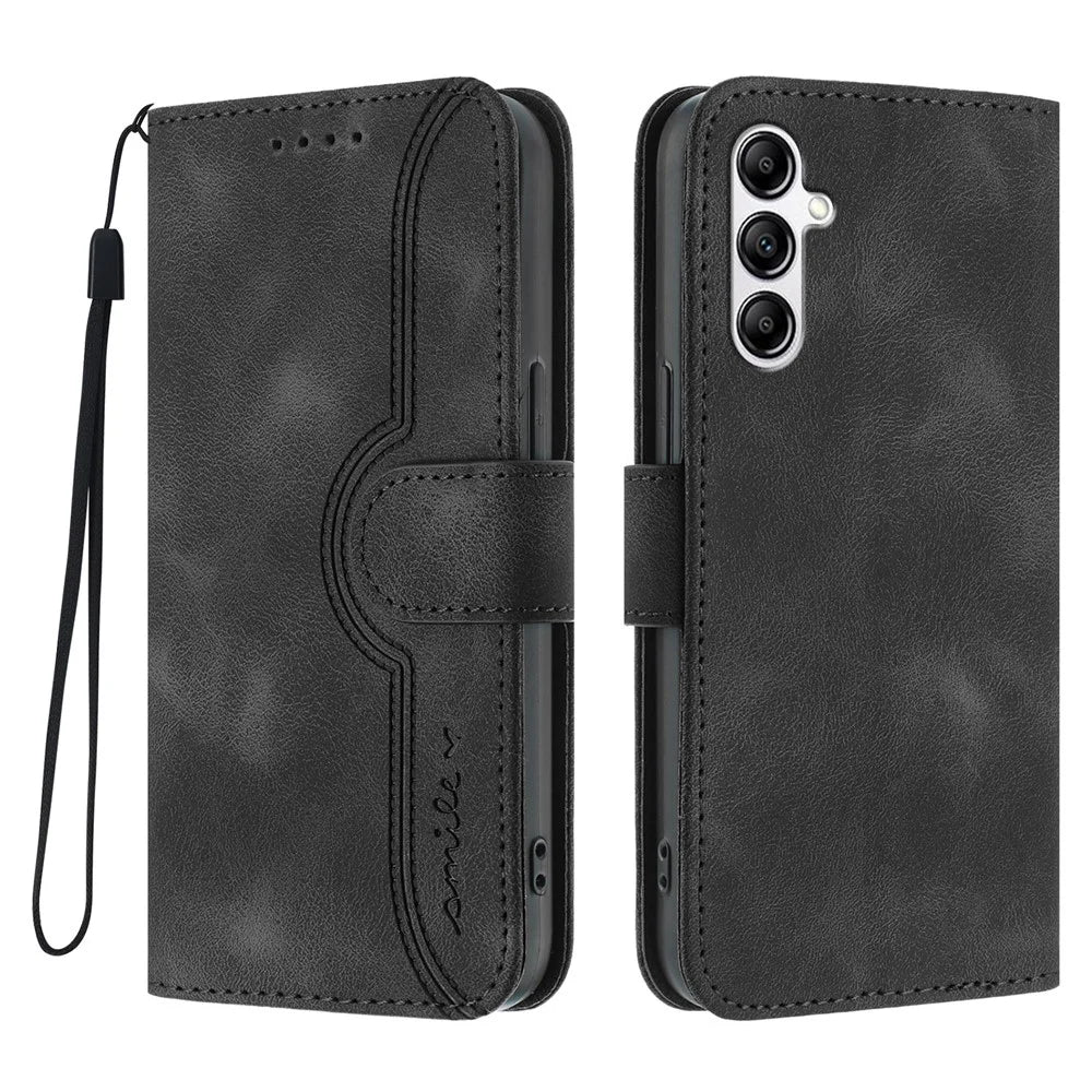 For Samsung Galaxy A14 4G / Galaxy A14 5G Leather Case Wallet Stand Smile Imprinted Phone Cover with Strap - Black - 1