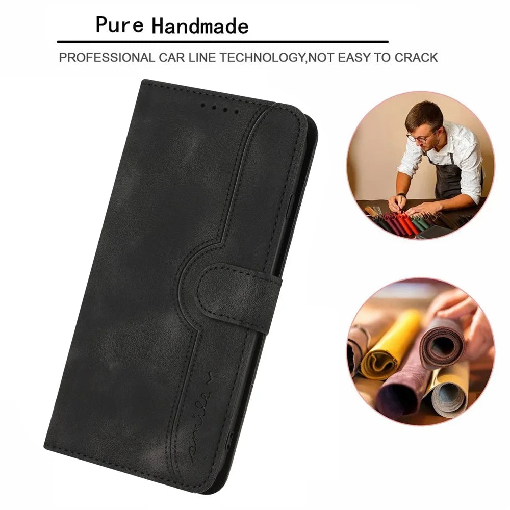 For Samsung Galaxy A14 4G / Galaxy A14 5G Leather Case Wallet Stand Smile Imprinted Phone Cover with Strap - Black - 5
