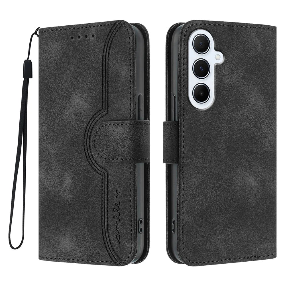 For Samsung Galaxy A26 5G Leather Case Wallet Stand Smile Imprinted Phone Cover with Strap - Black - 1