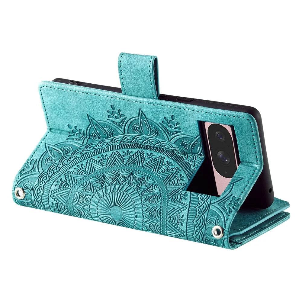 Style 006 For Google Pixel 10 Pro / 10 / 9 Pro / 9 Wallet Case PU Leather Phone Cover Mandala Flower Pattern - Mint Green - 3