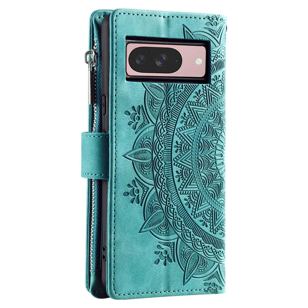 Style 006 For Google Pixel 10 Pro / 10 / 9 Pro / 9 Wallet Case PU Leather Phone Cover Mandala Flower Pattern - Mint Green - 7