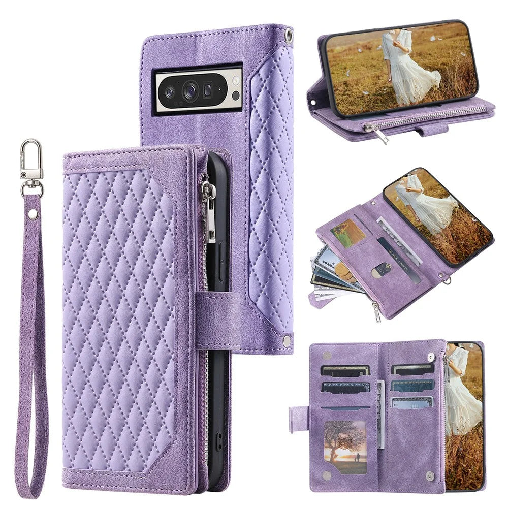 Style 005 For Google Pixel 10 Pro XL Wallet Case Rhombus Stitching Line PU Leather Phone Cover - Purple - 1