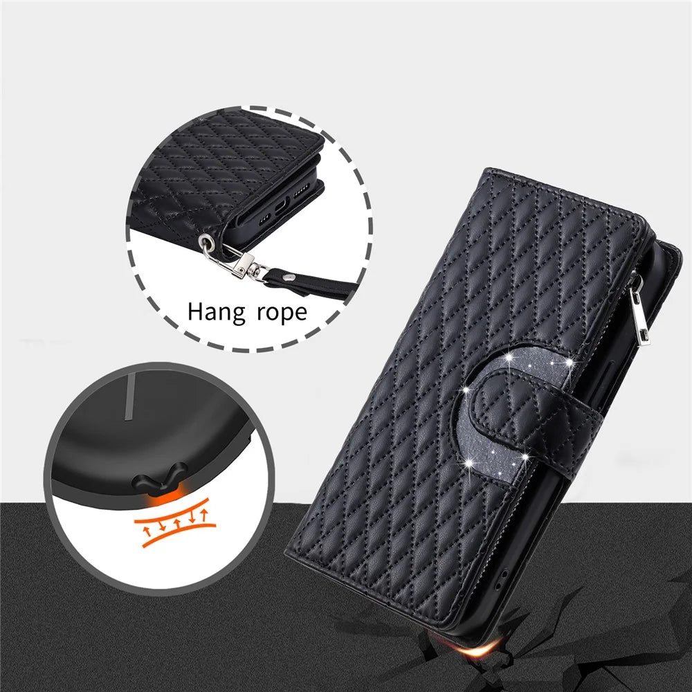 Style 012 for Google Pixel 10 Pro XL Case Zipper Pocket Glitter Leather Phone Cover - Black - 7