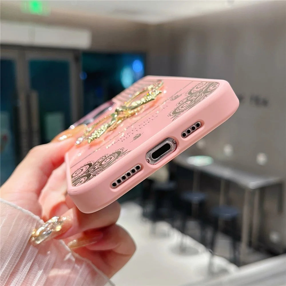 For iPhone 16 Pro Max Case Butterfly Kickstand TPU + PC Phone Back Cover Rhinestone Decor - Pink - 4