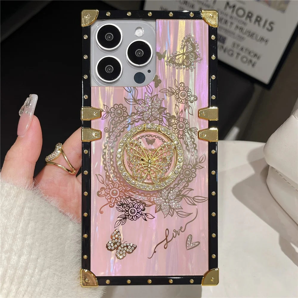 For iPhone 16 Pro Cases Rhinestone Decor Butterfly Pattern TPU + PC Phone Cover - Pink - 1