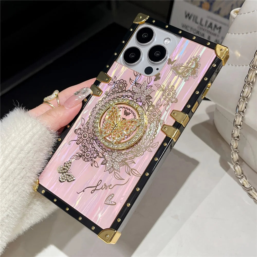 For iPhone 16 Pro Cases Rhinestone Decor Butterfly Pattern TPU + PC Phone Cover - Pink - 4