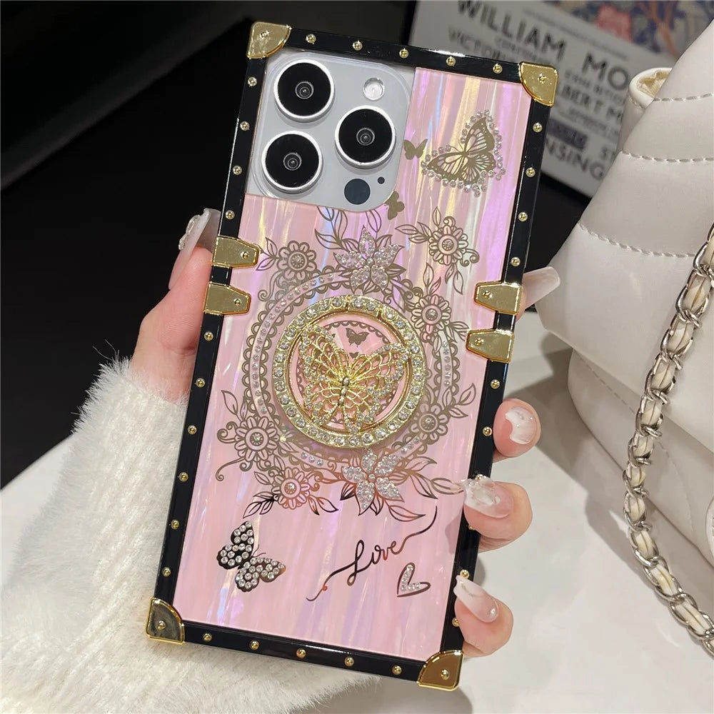 For iPhone 16 Pro Cases Rhinestone Decor Butterfly Pattern TPU + PC Phone Cover - Pink - 5