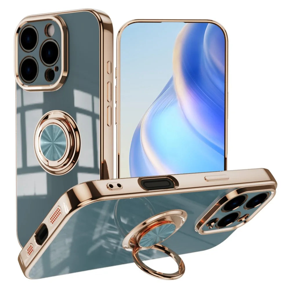 For iPhone 16 Pro Max Case Precise Cutouts 6D Electroplating TPU Phone Cover with Ring Holder - Grey - 1