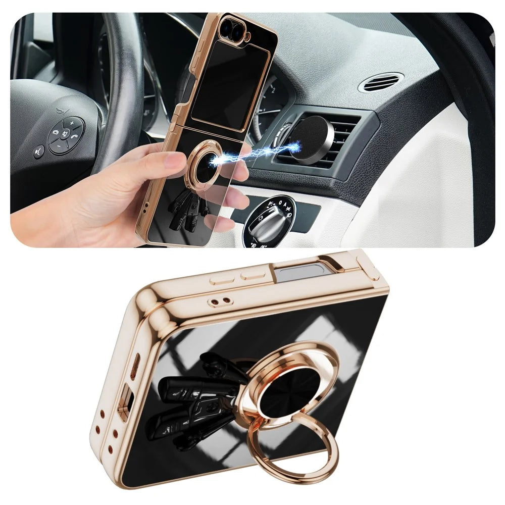 For Samsung Galaxy Z Flip7 FE 5G / Z Flip6 5G Case with Astronaut Ring Kickstand 6D Electroplating TPU Phone Cover - Black - 2