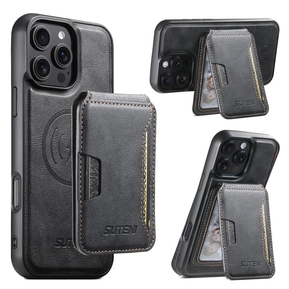 SUTENI M3 For iPhone 16 Pro Magnetic Case Cowhide Texture Leather Back Cover with Card Bag Kickstand - Black - 1