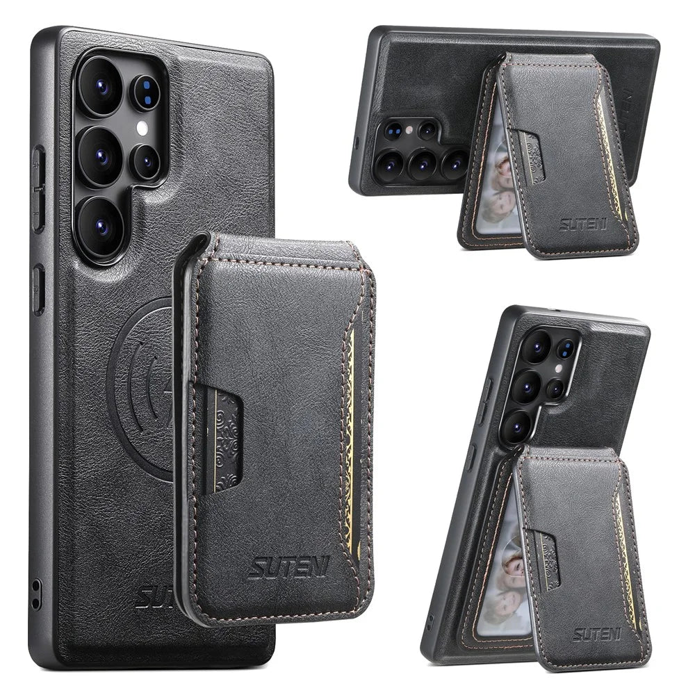 SUTENI M3 For Samsung Galaxy S25 Ultra Magnetic Case Cowhide Texture Leather Back Cover with Card Bag Kickstand - Black - 1