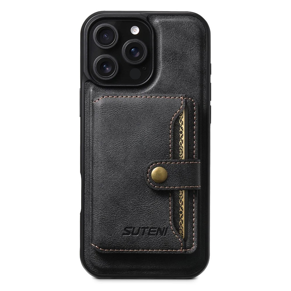 SUTENI M4 For iPhone 16 Pro Max Magnetic Case with Card Holder Cowhide Texture Leather Back Cover - Black - 2