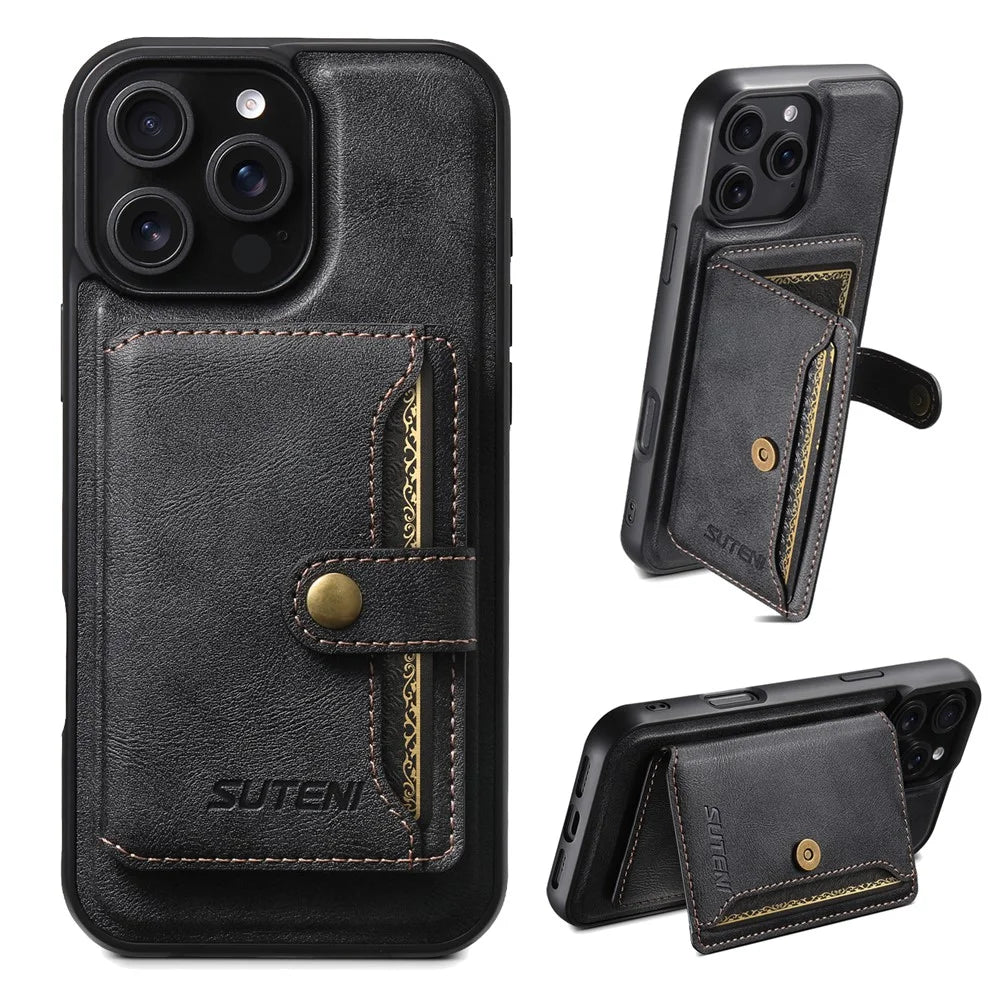 SUTENI M4 For iPhone 16 Pro Magnetic Case with Card Holder Cowhide Texture Leather Back Cover - Black - 1