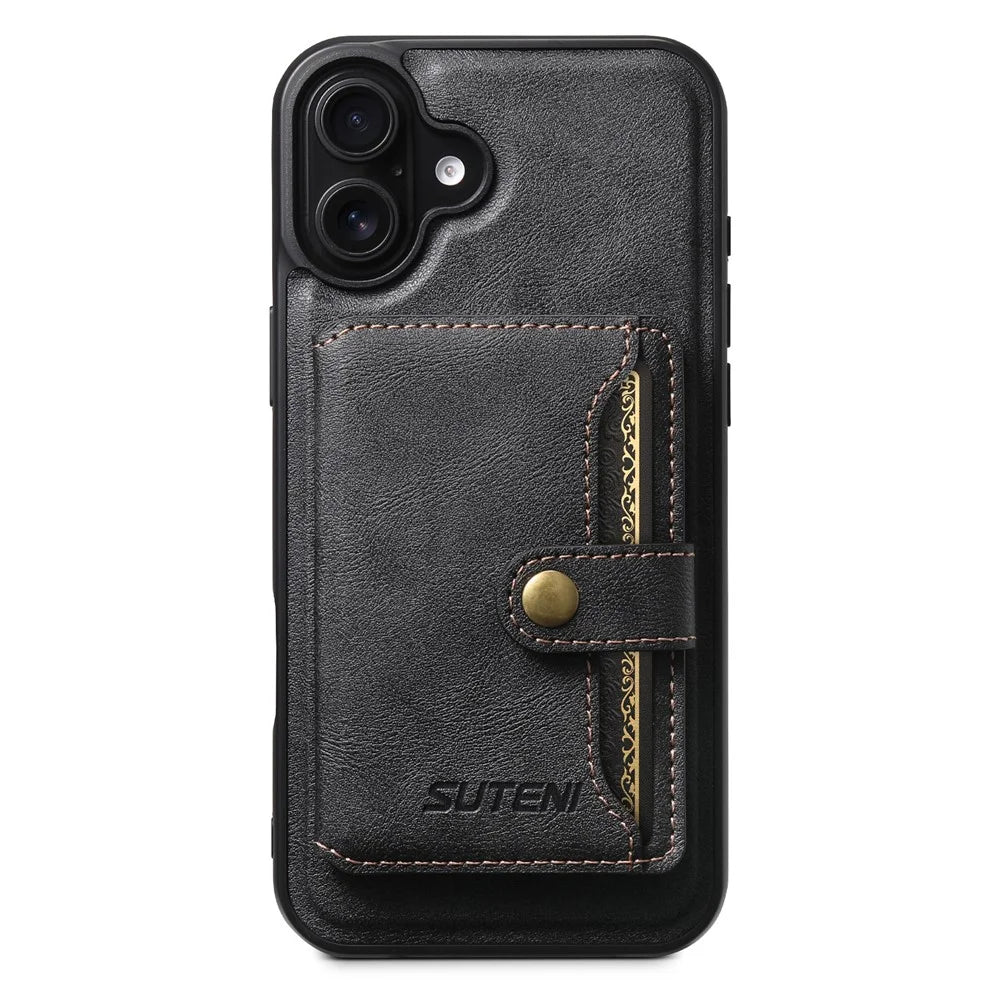 SUTENI M4 For iPhone 16 Plus Magnetic Case with Card Holder Cowhide Texture Leather Back Cover - Black - 1