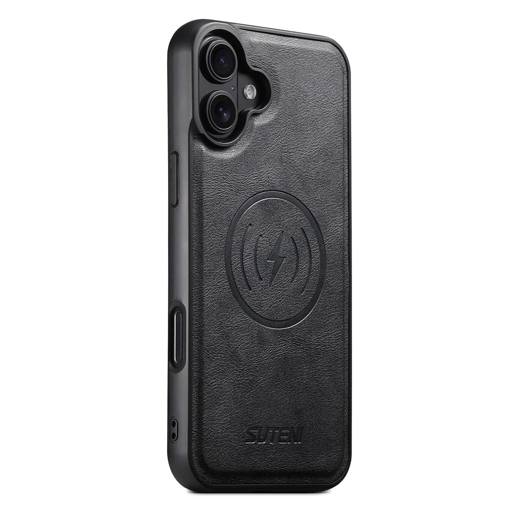 SUTENI M4 For iPhone 16 Plus Magnetic Case with Card Holder Cowhide Texture Leather Back Cover - Black - 2