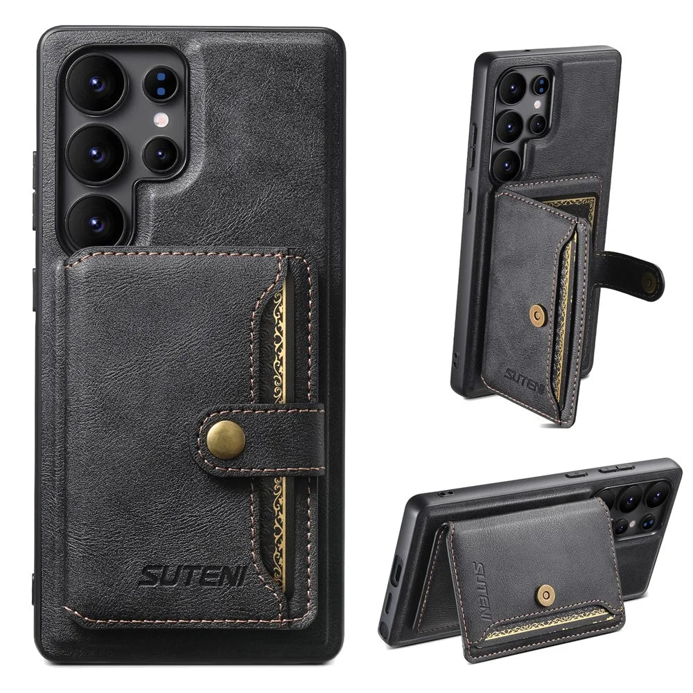 SUTENI M4 For Samsung Galaxy S24 Ultra Magnetic Case with Card Holder Cowhide Texture Leather Back Cover - Black - 1