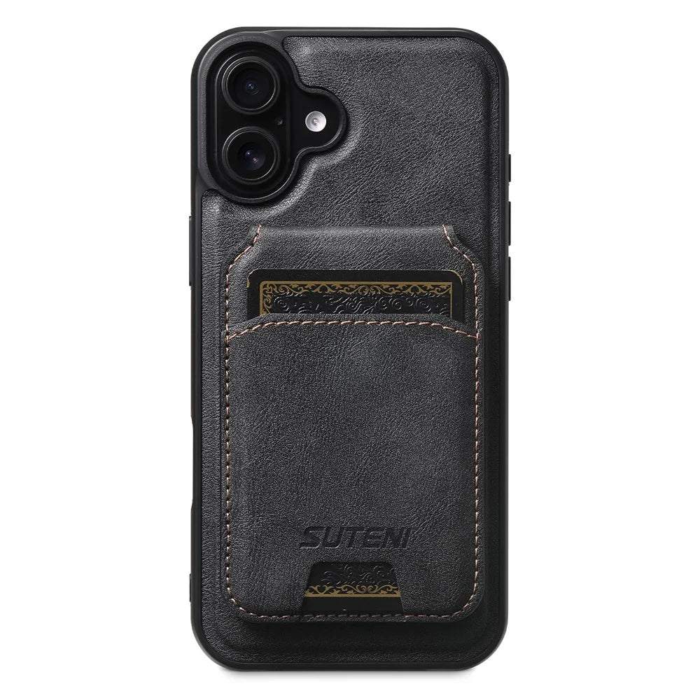 SUTENI M5 For iPhone 16 Plus Magnetic Case with Card Bag Cowhide Texture Leather Phone Back Cover - Black - 1