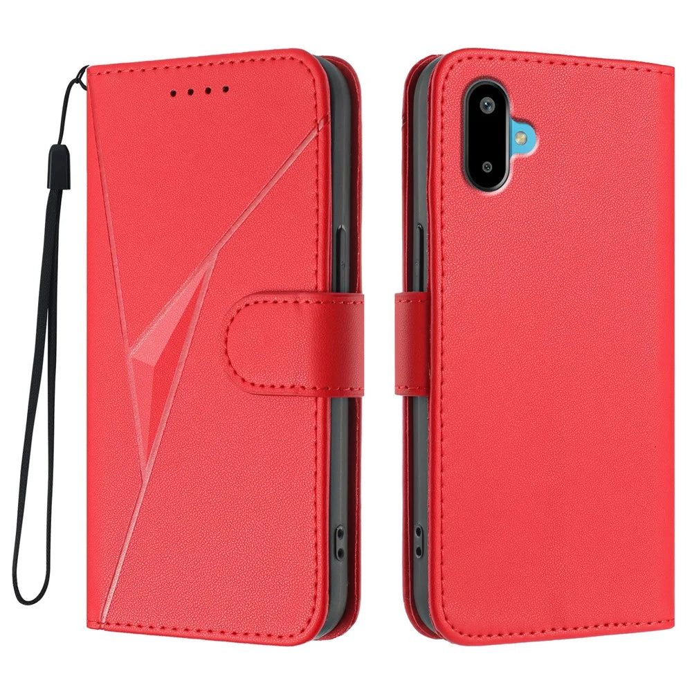 For Samsung Galaxy M06 5G / Galaxy F06 5G Case Triangle Imprint Leather Phone Cover with Lanyard - Red - 1