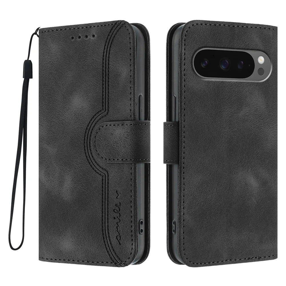 For Google Pixel 9 Pro XL / Google Pixel 10 Pro XL Leather Case Wallet Stand Smile Imprinted Phone Cover with Strap - Black - 1