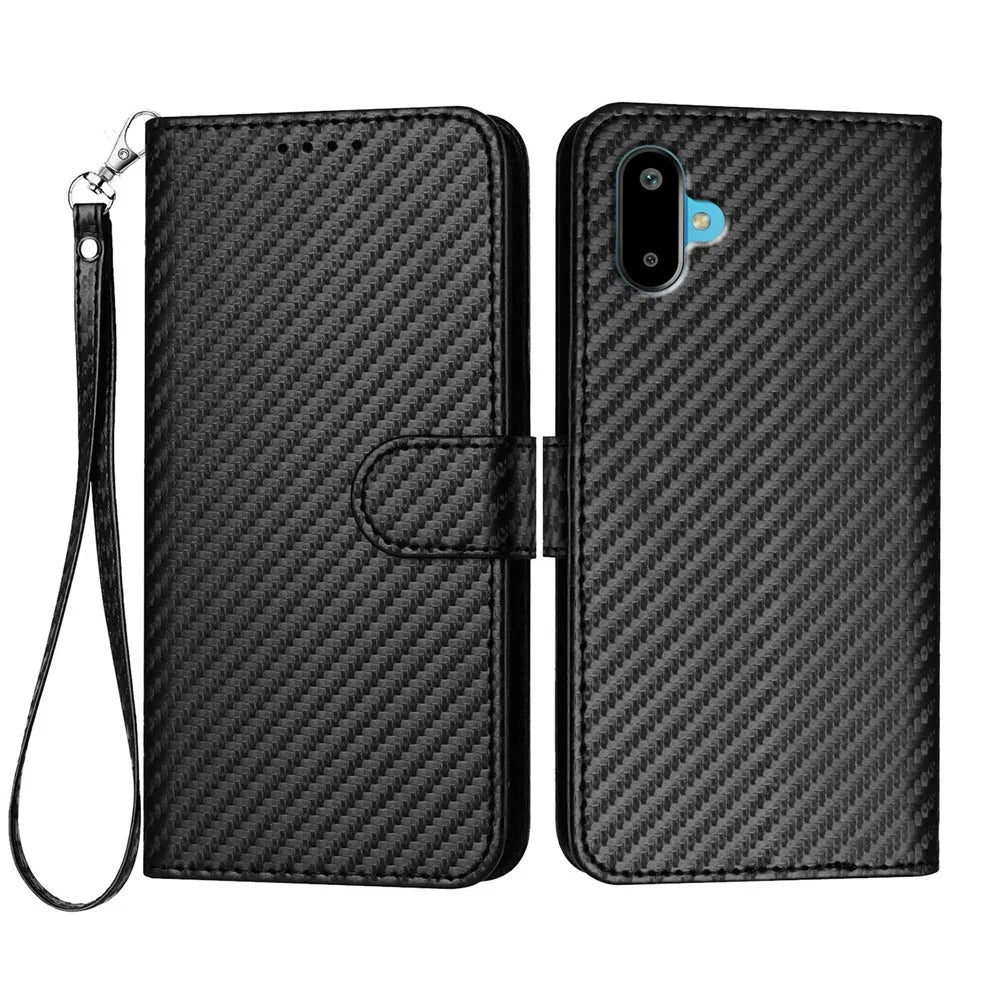 For Samsung Galaxy M06 5G / Galaxy F06 5G Wallet Case with Strap Carbon Fiber Texture Leather Mobile Cover - Black - 1