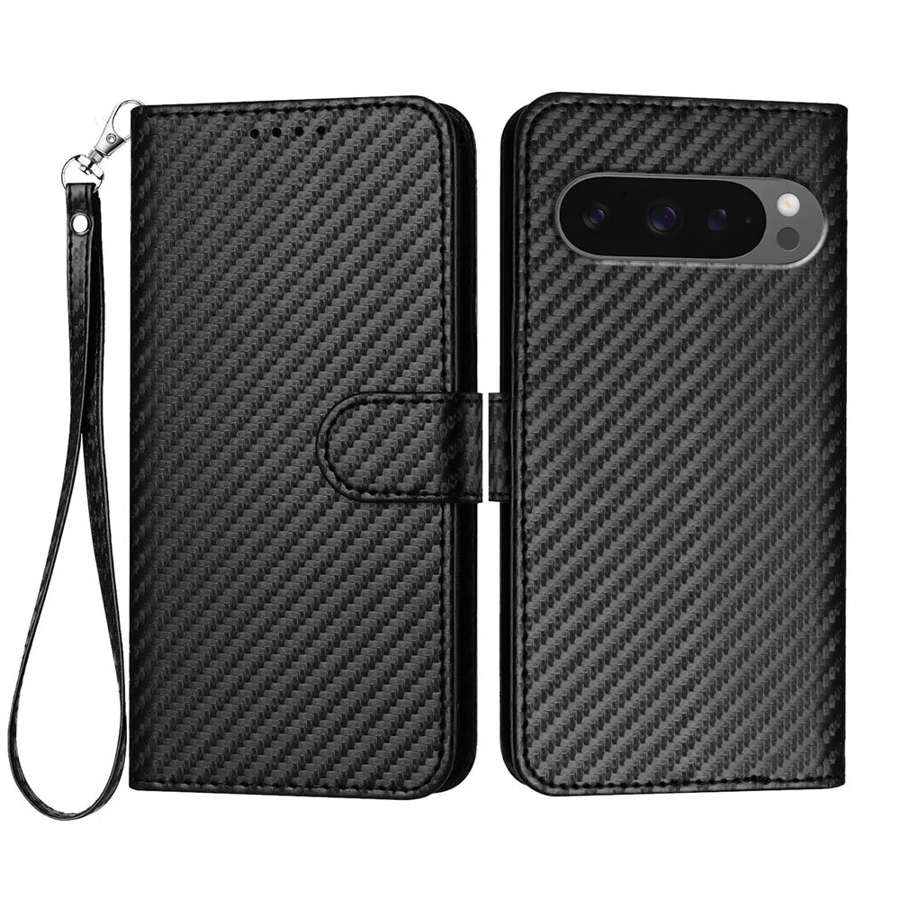 For Google Pixel 9 Pro XL / Google Pixel 10 Pro XL Wallet Case with Strap Carbon Fiber Texture Leather Mobile Cover - Black - 1