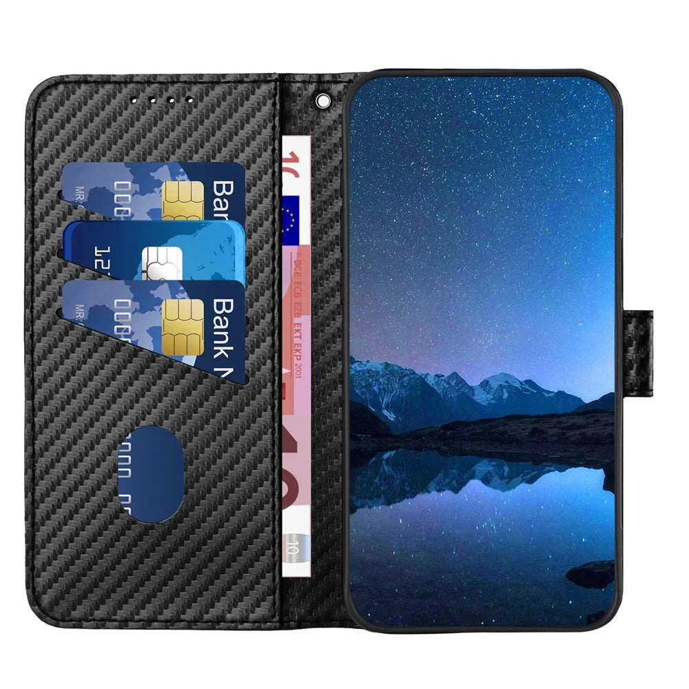 For Samsung Galaxy A06 5G / Galaxy A06 4G Wallet Case with Strap Carbon Fiber Texture Leather Mobile Cover - Black - 3