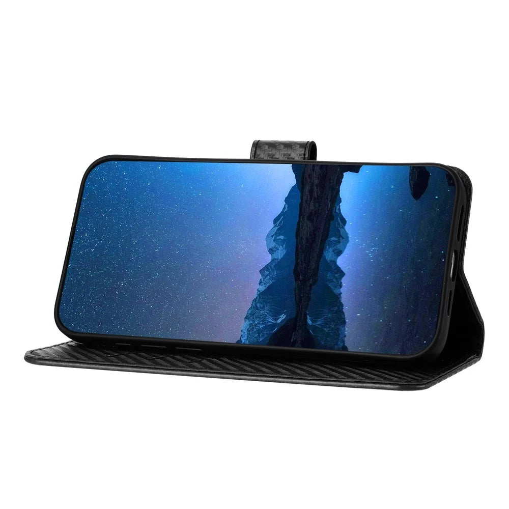 For Samsung Galaxy A06 5G / Galaxy A06 4G Wallet Case with Strap Carbon Fiber Texture Leather Mobile Cover - Black - 4