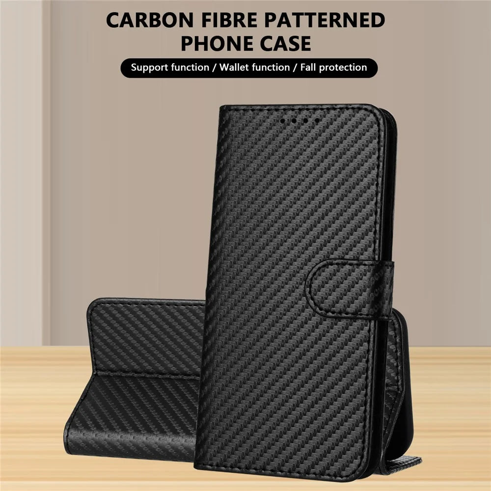 For Samsung Galaxy A25 5G (Global) (161.0 x 76.5 x 8.3mm) Wallet Case with Strap Carbon Fiber Texture Leather Mobile Cover - Black - 6