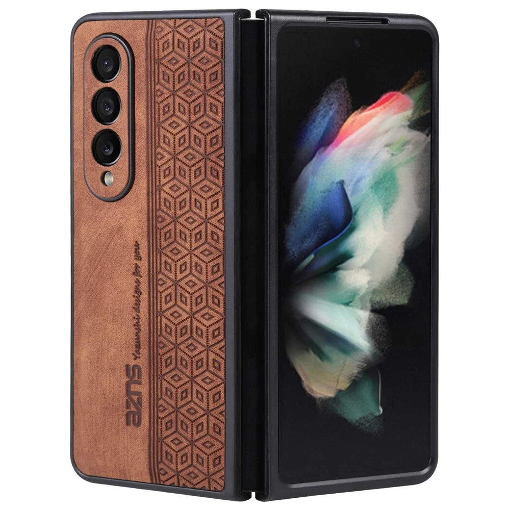 AZNS Anti-fall Phone Case For Samsung Galaxy Z Fold3 5G Imprinted Pattern PU Leather Coated PC Cell Phone Cover - Brown - 1