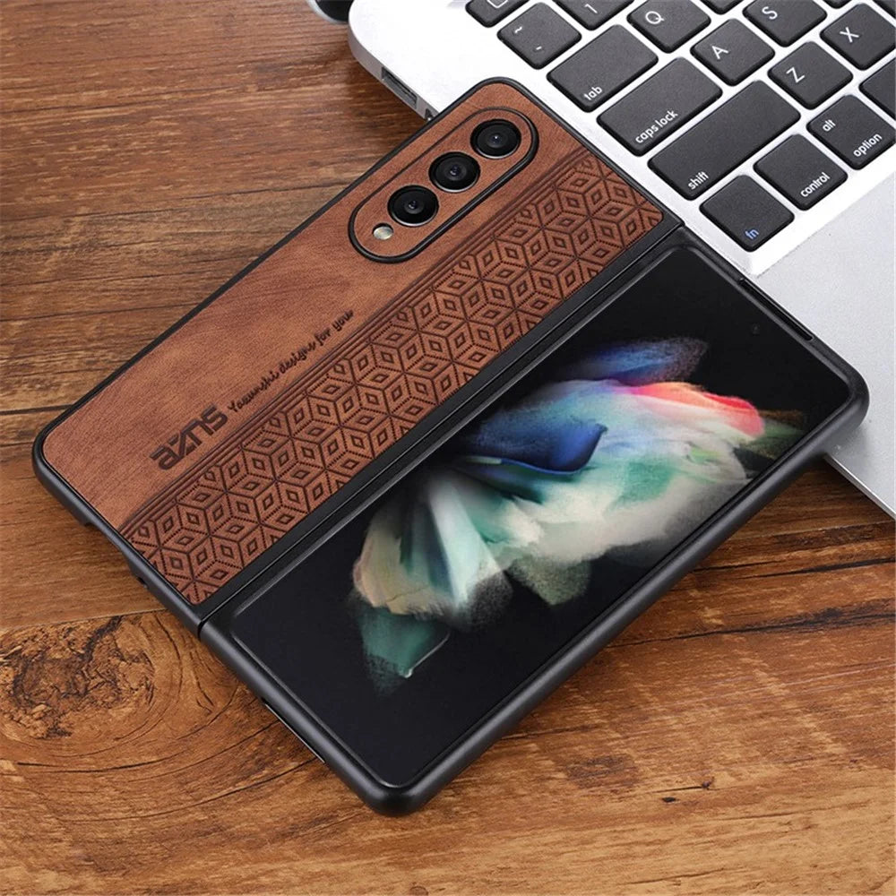 AZNS Anti-fall Phone Case For Samsung Galaxy Z Fold3 5G Imprinted Pattern PU Leather Coated PC Cell Phone Cover - Brown - 4