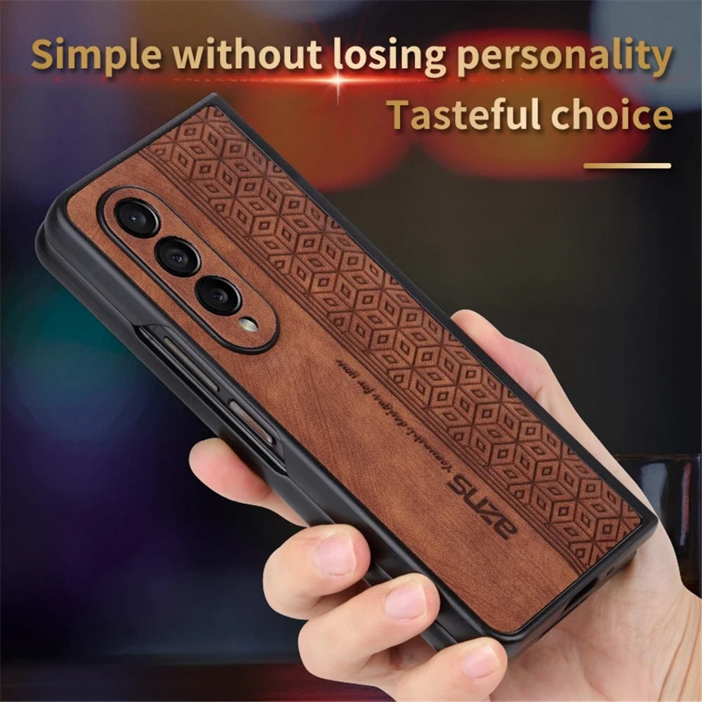 AZNS Anti-fall Phone Case For Samsung Galaxy Z Fold3 5G Imprinted Pattern PU Leather Coated PC Cell Phone Cover - Brown - 5