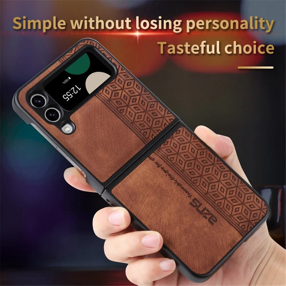 AZNS For Samsung Galaxy Z Flip4 5G Imprinted Pattern Folding Phone Case PU Leather Coated Hard PC Back Cover - Brown - 5
