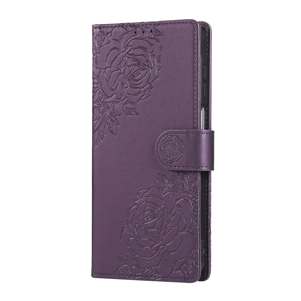 For Samsung Galaxy A56 5G Case Rose Flower PU Leather Wallet Phone Cover with 3 Card Slots - Dark Purple - 6