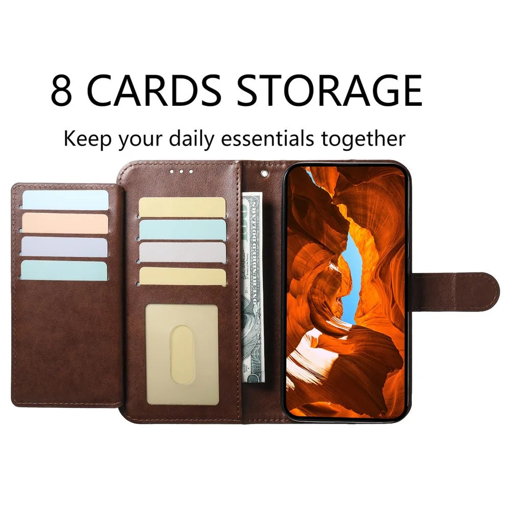 For iPhone 16 Pro Max Wallet Phone Case with 8 Card Slot Stand PU Leather Folio Flip Cover - Coffee - 4