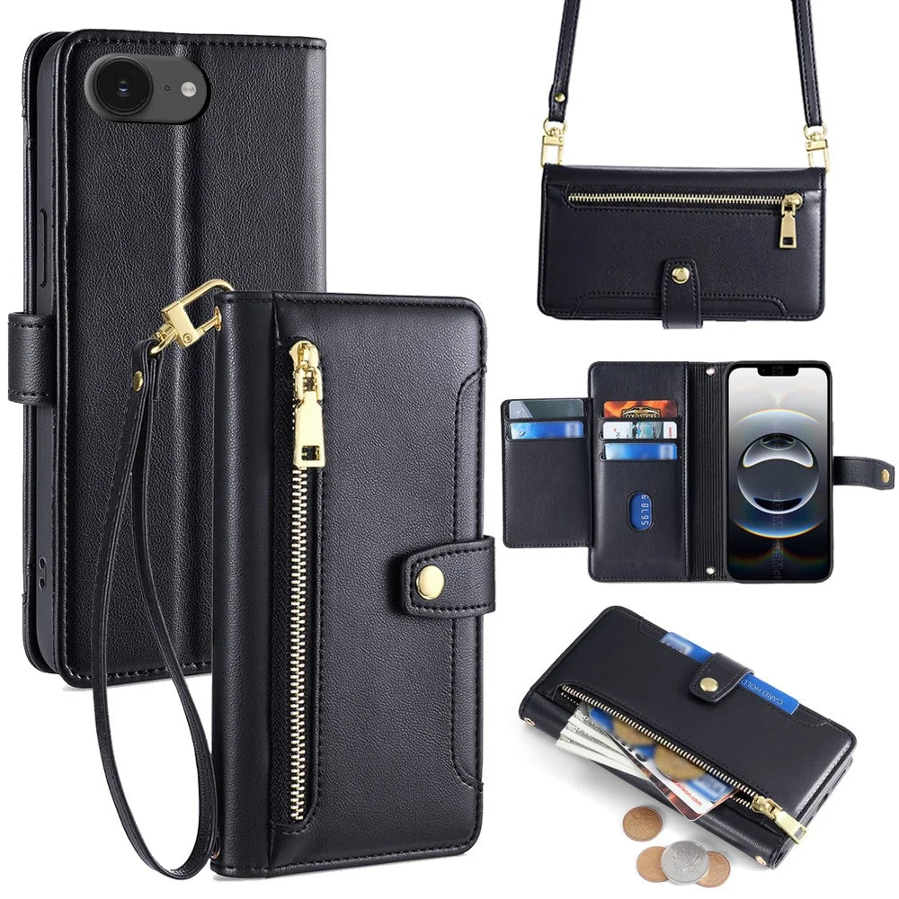 For iPhone 17e / 16e Case Zipper Pocket Wallet Leather Phone Cover with 2 Straps - Black - 1