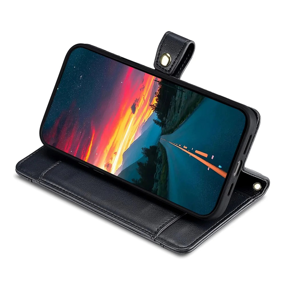 For iPhone 17e / 16e Case Zipper Pocket Wallet Leather Phone Cover with 2 Straps - Black - 3