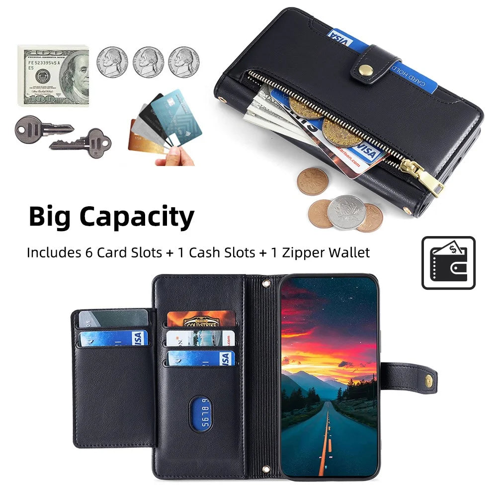 For iPhone 14 Pro Max Case Zipper Pocket Wallet Leather Phone Cover with 2 Straps - Black - 5