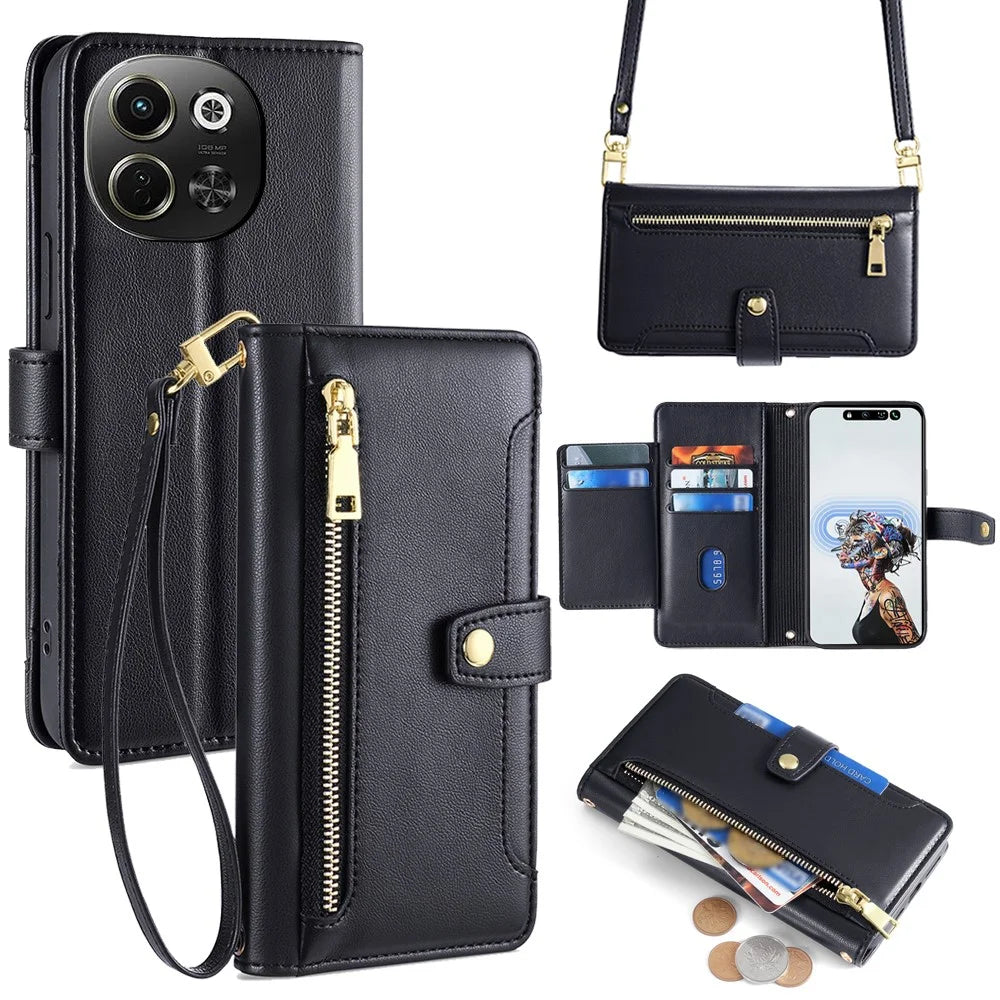 For TECNO Pova 6 Neo 5G / Spark 30 5G Case Zipper Pocket Wallet Leather Phone Cover with 2 Straps - Black - 1