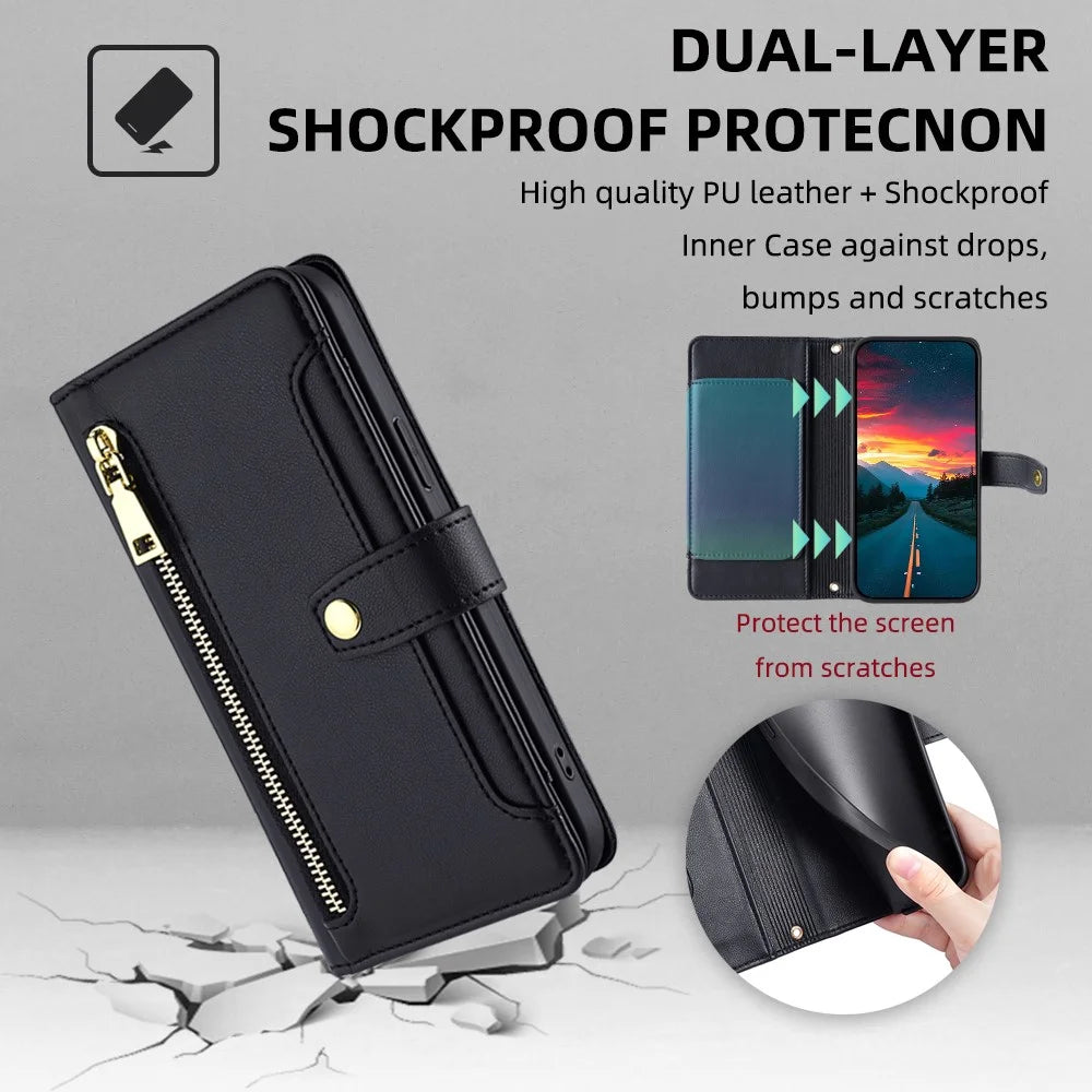 For TECNO Pova 6 Neo 5G / Spark 30 5G Case Zipper Pocket Wallet Leather Phone Cover with 2 Straps - Black - 7