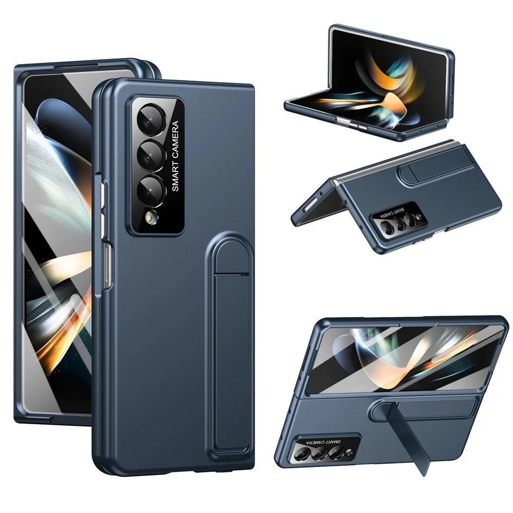 For Samsung Galaxy Z Fold3 5G Case Foldable Kickstand Skin-Touch PC Phone Cover Built In Screen Protector - Dark Blue - 1