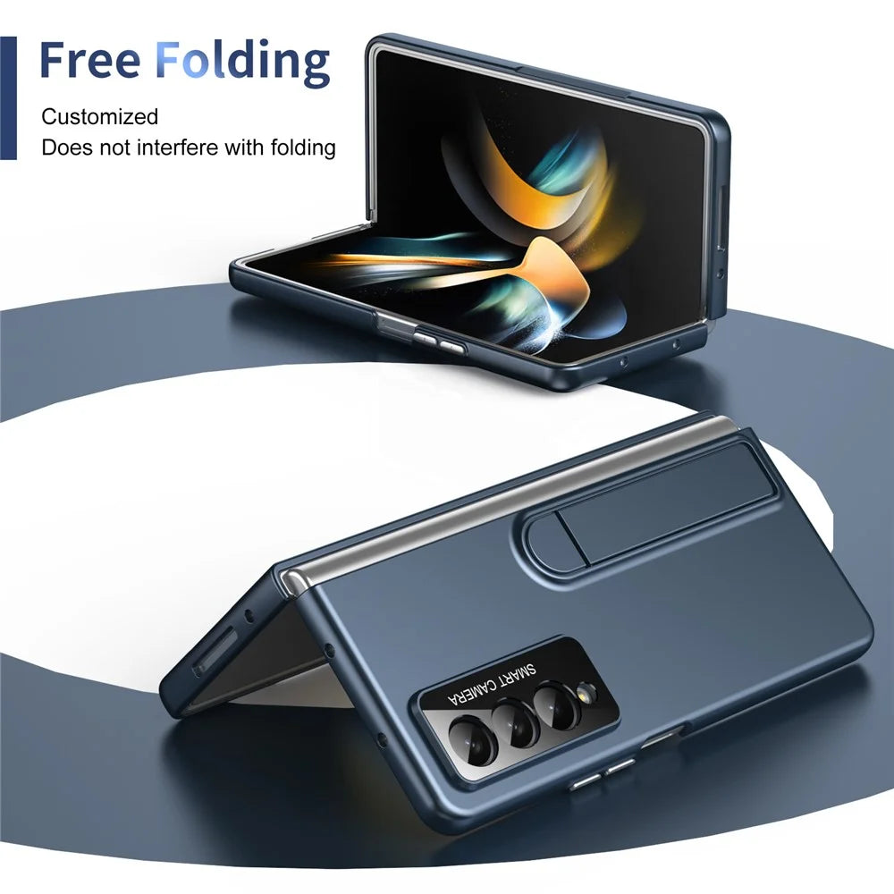 For Samsung Galaxy Z Fold3 5G Case Foldable Kickstand Skin-Touch PC Phone Cover Built In Screen Protector - Dark Blue - 3
