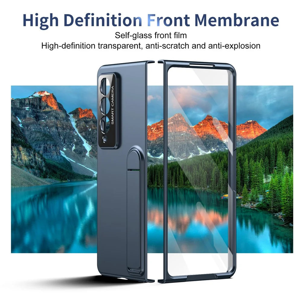 For Samsung Galaxy Z Fold3 5G Case Foldable Kickstand Skin-Touch PC Phone Cover Built In Screen Protector - Dark Blue - 5