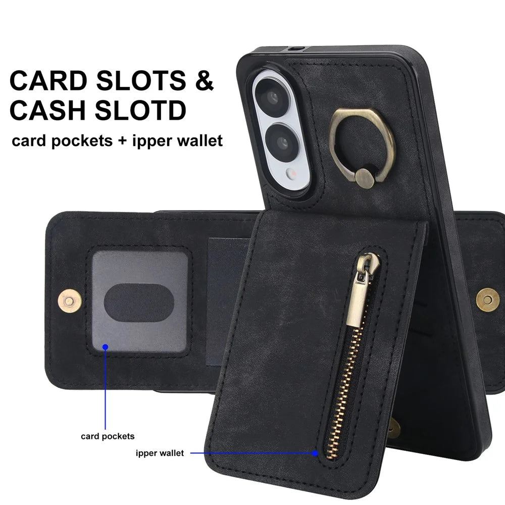 For Samsung Galaxy S25 Edge Case Zipper RFID Blocking Retro Leather + TPU Phone Cover with Kickstand - Black - 4
