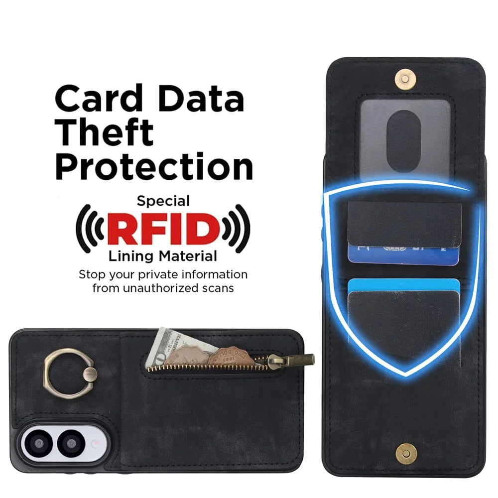 For Samsung Galaxy S25 Edge Case Zipper RFID Blocking Retro Leather + TPU Phone Cover with Kickstand - Black - 6