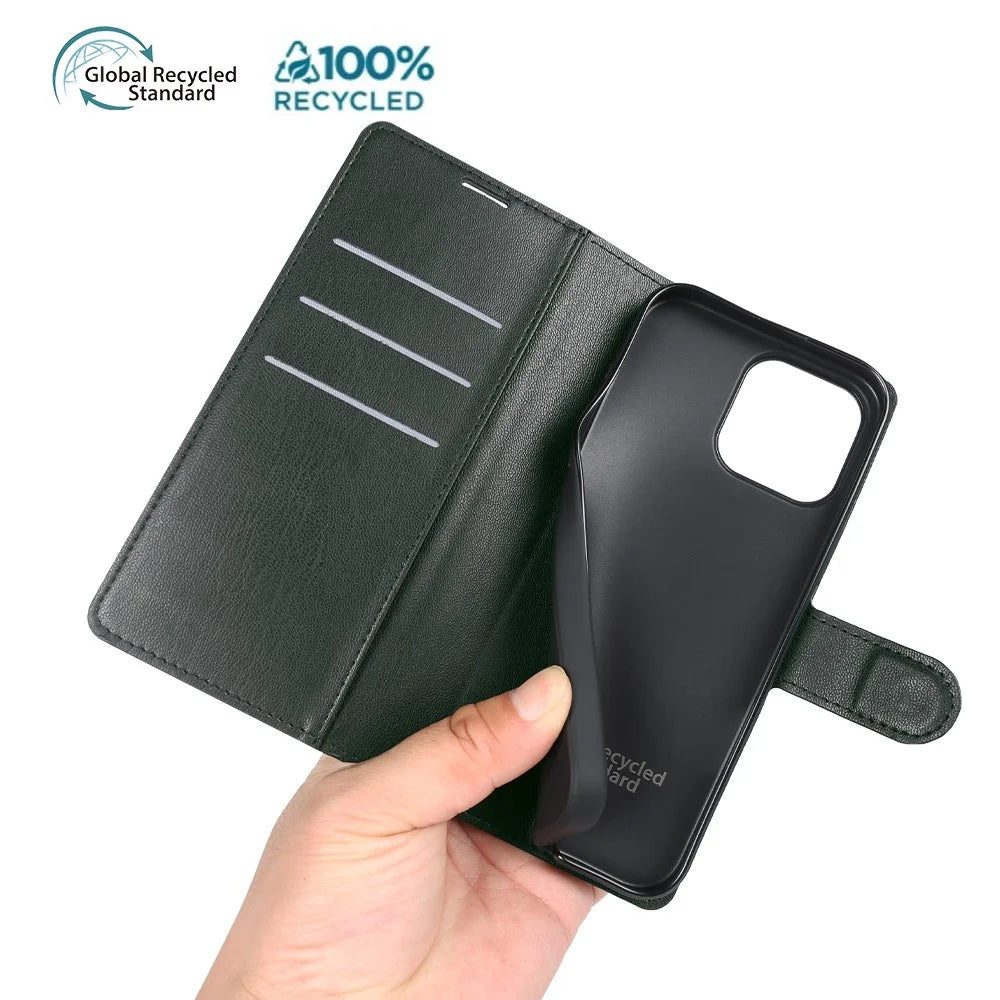 For iPhone 15 Pro Stand Case Biobased Eco-Friendly RPET RPVB Slim Phone Cover with Wallet - Blackish Green - 5