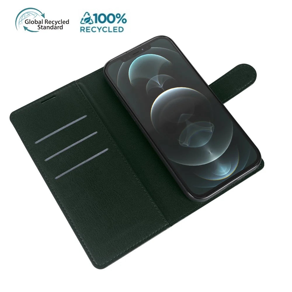 For iPhone 15 Pro Stand Case Biobased Eco-Friendly RPET RPVB Slim Phone Cover with Wallet - Blackish Green - 6