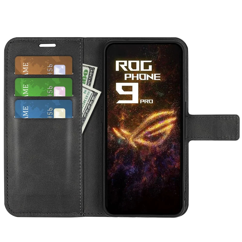 For Asus ROG Phone 9 Pro 5G Stand Case Anti-Scratch Calf Texture Leather Phone Cover - Black - 2