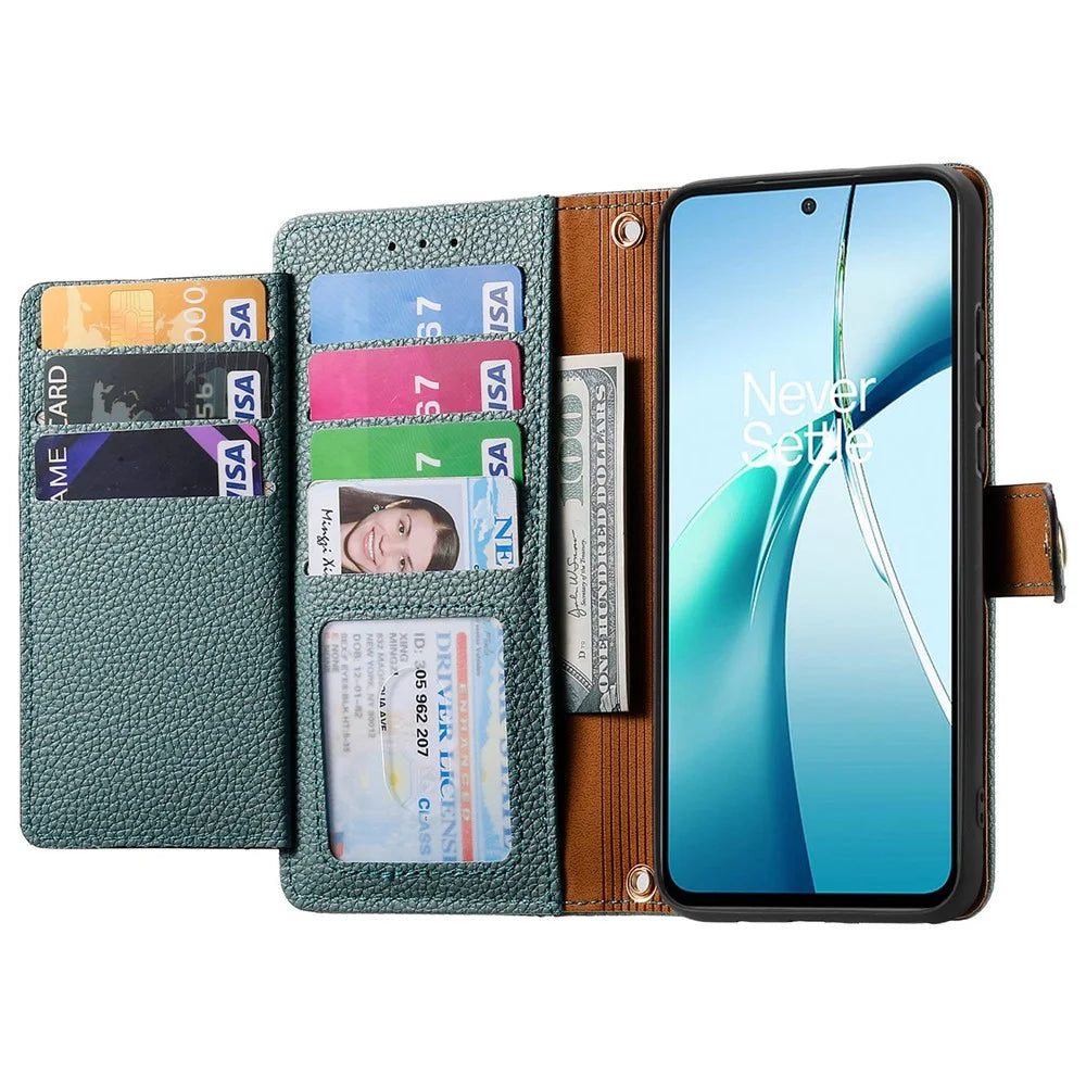 For Nothing Phone (3a) Case RFID Blocking Zipper Pocket Leather Wallet Phone Cover with Strap - Green - 3